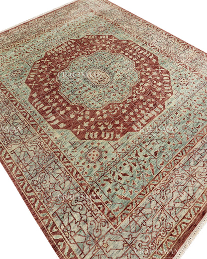 Hand Knotted Vintage Persian Style Rug – Rust Red Sage Green Medallion Wool Area Rug