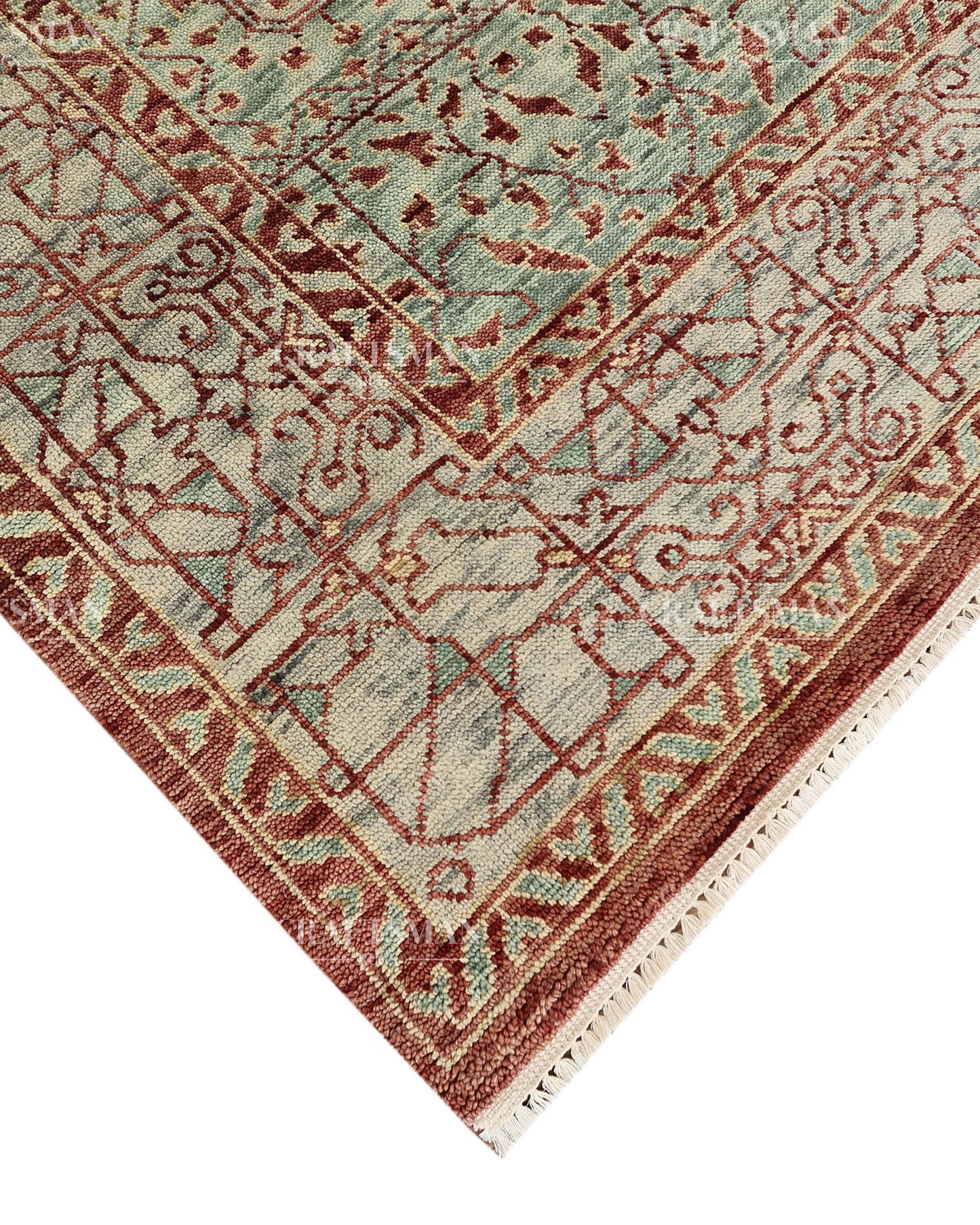 Hand Knotted Vintage Persian Style Rug – Rust Red Sage Green Medallion Wool Area Rug