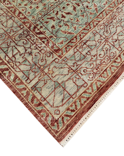 Hand Knotted Vintage Persian Style Rug – Rust Red Sage Green Medallion Wool Area Rug