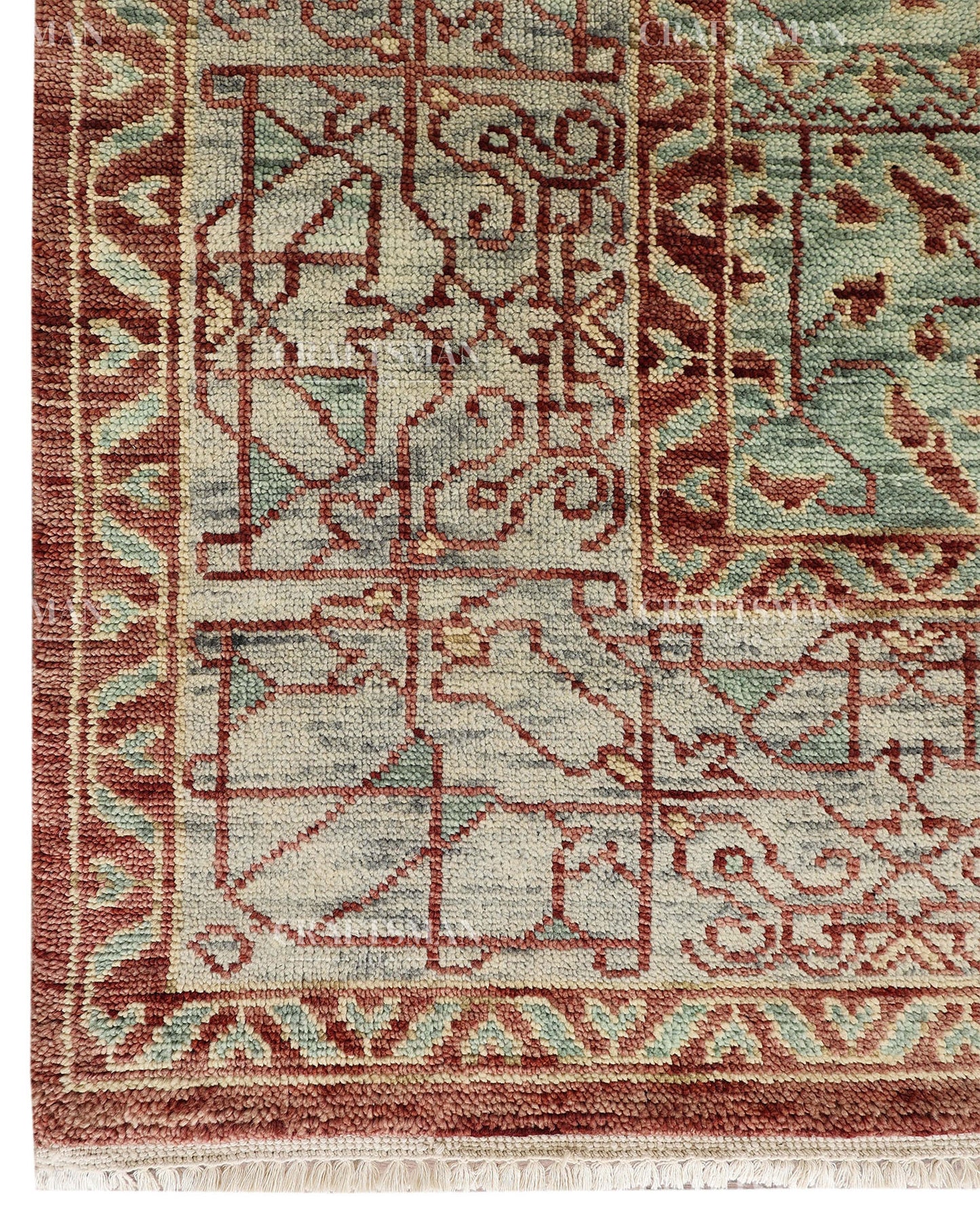Hand Knotted Vintage Persian Style Rug – Rust Red Sage Green Medallion Wool Area Rug