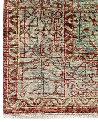 Hand Knotted Vintage Persian Style Rug – Rust Red Sage Green Medallion Wool Area Rug