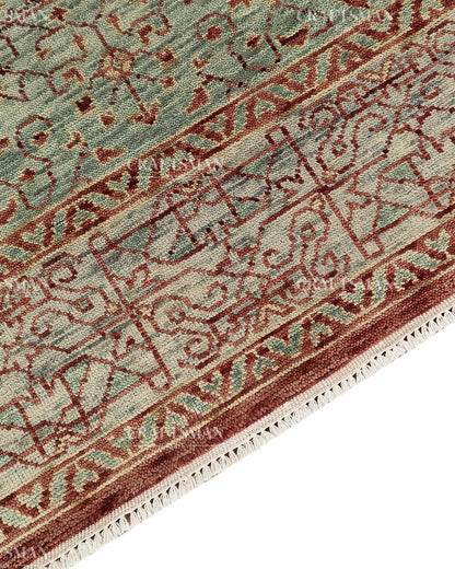 Hand Knotted Vintage Persian Style Rug – Rust Red Sage Green Medallion Wool Area Rug