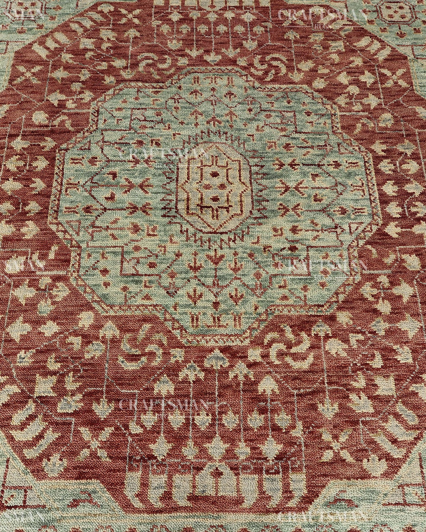 Hand Knotted Vintage Persian Style Rug – Rust Red Sage Green Medallion Wool Area Rug