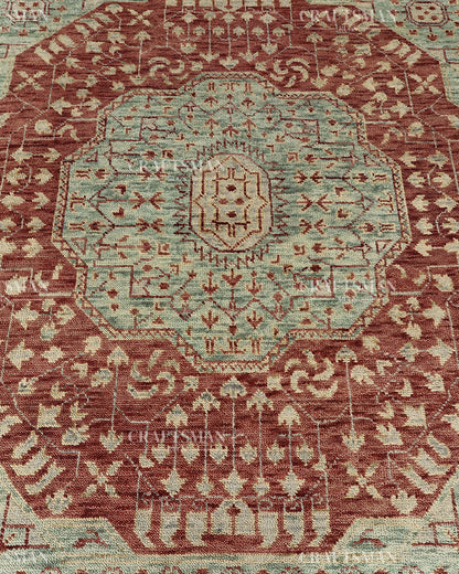 Hand Knotted Vintage Persian Style Rug – Rust Red Sage Green Medallion Wool Area Rug