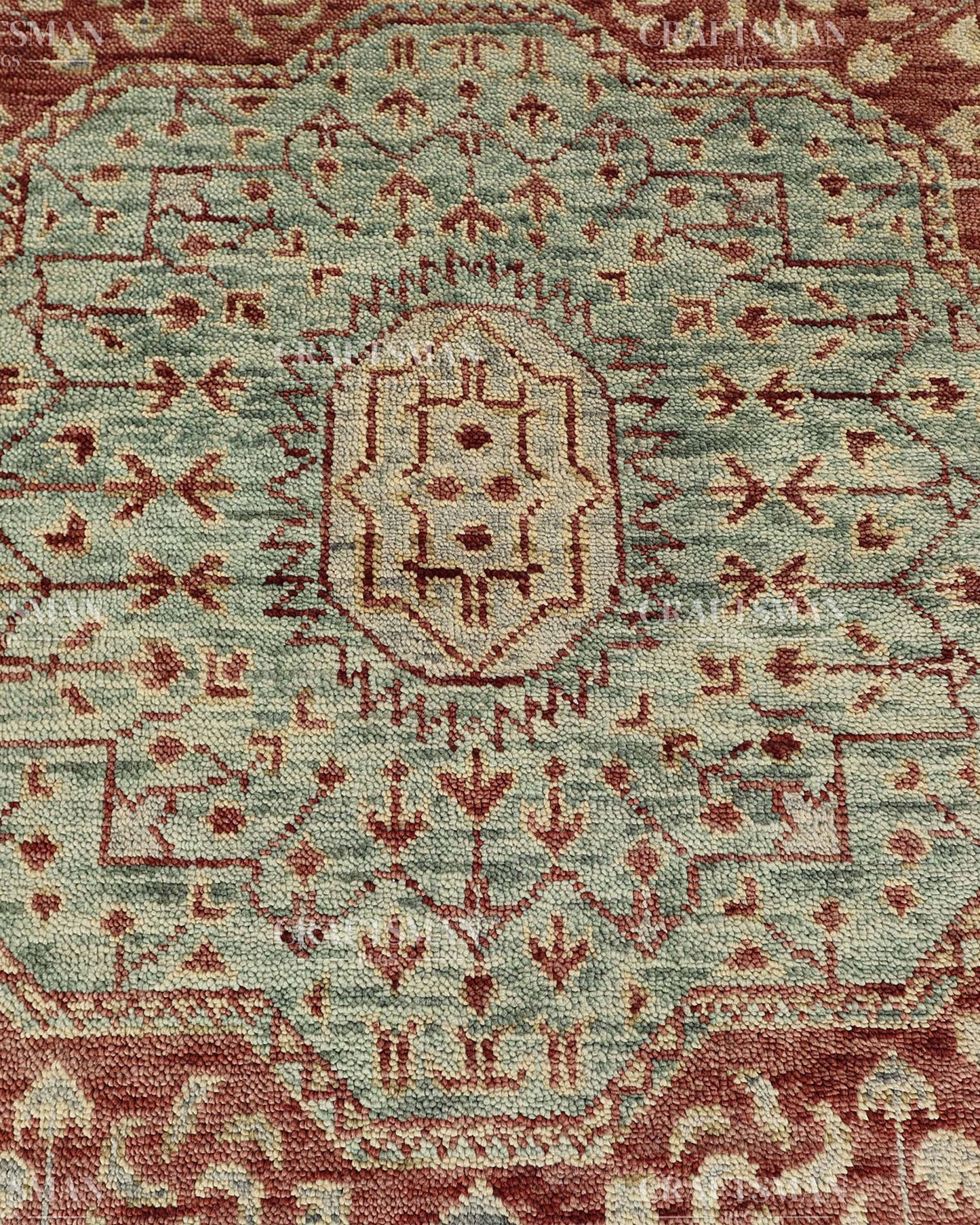 Hand Knotted Vintage Persian Style Rug – Rust Red Sage Green Medallion Wool Area Rug