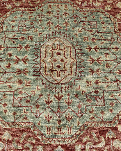 Hand Knotted Vintage Persian Style Rug – Rust Red Sage Green Medallion Wool Area Rug