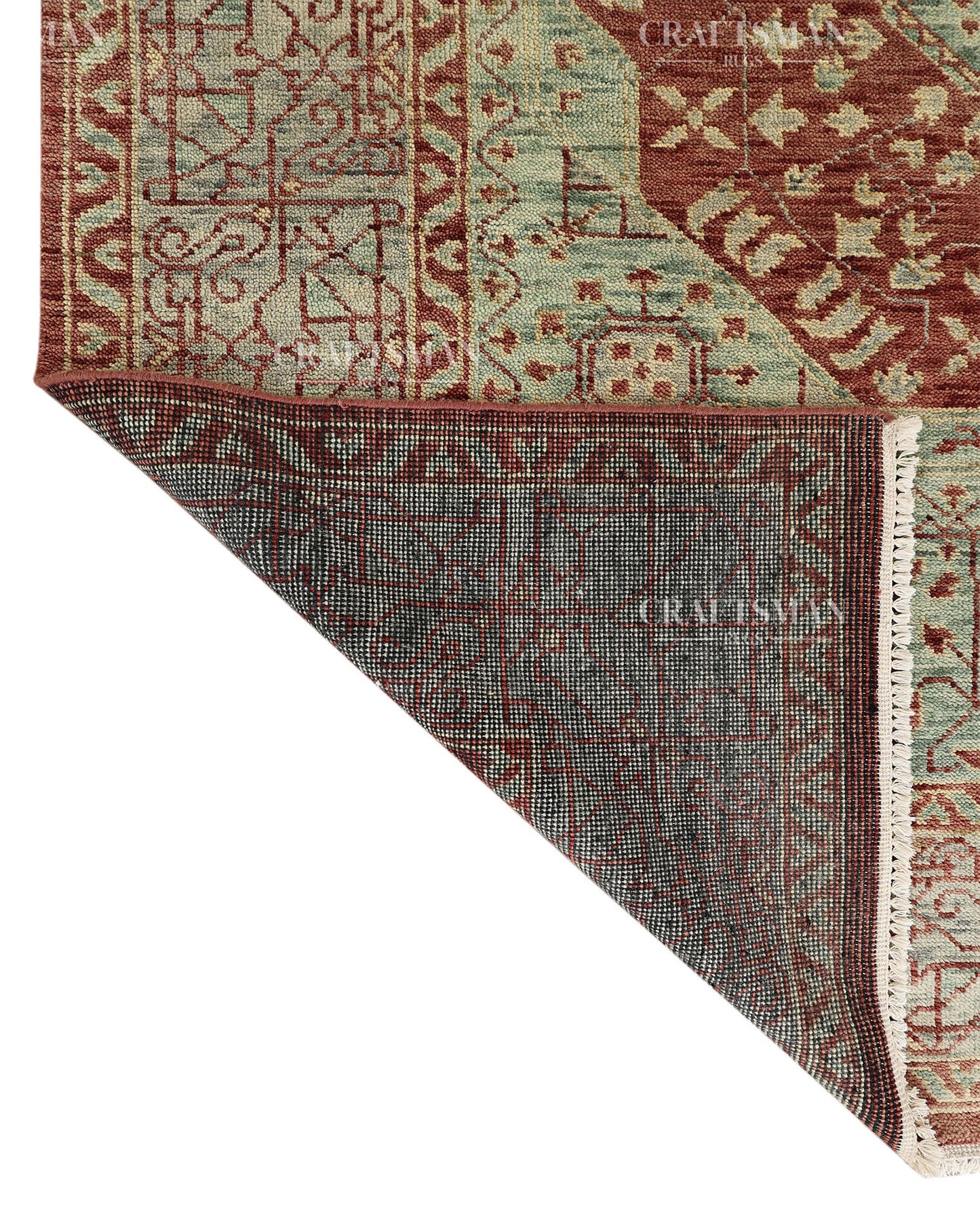 Hand Knotted Vintage Persian Style Rug – Rust Red Sage Green Medallion Wool Area Rug