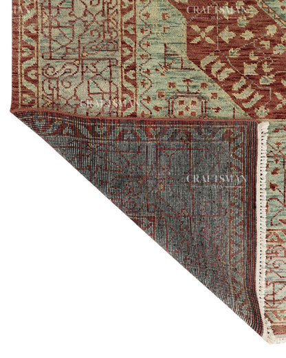 Hand Knotted Vintage Persian Style Rug – Rust Red Sage Green Medallion Wool Area Rug