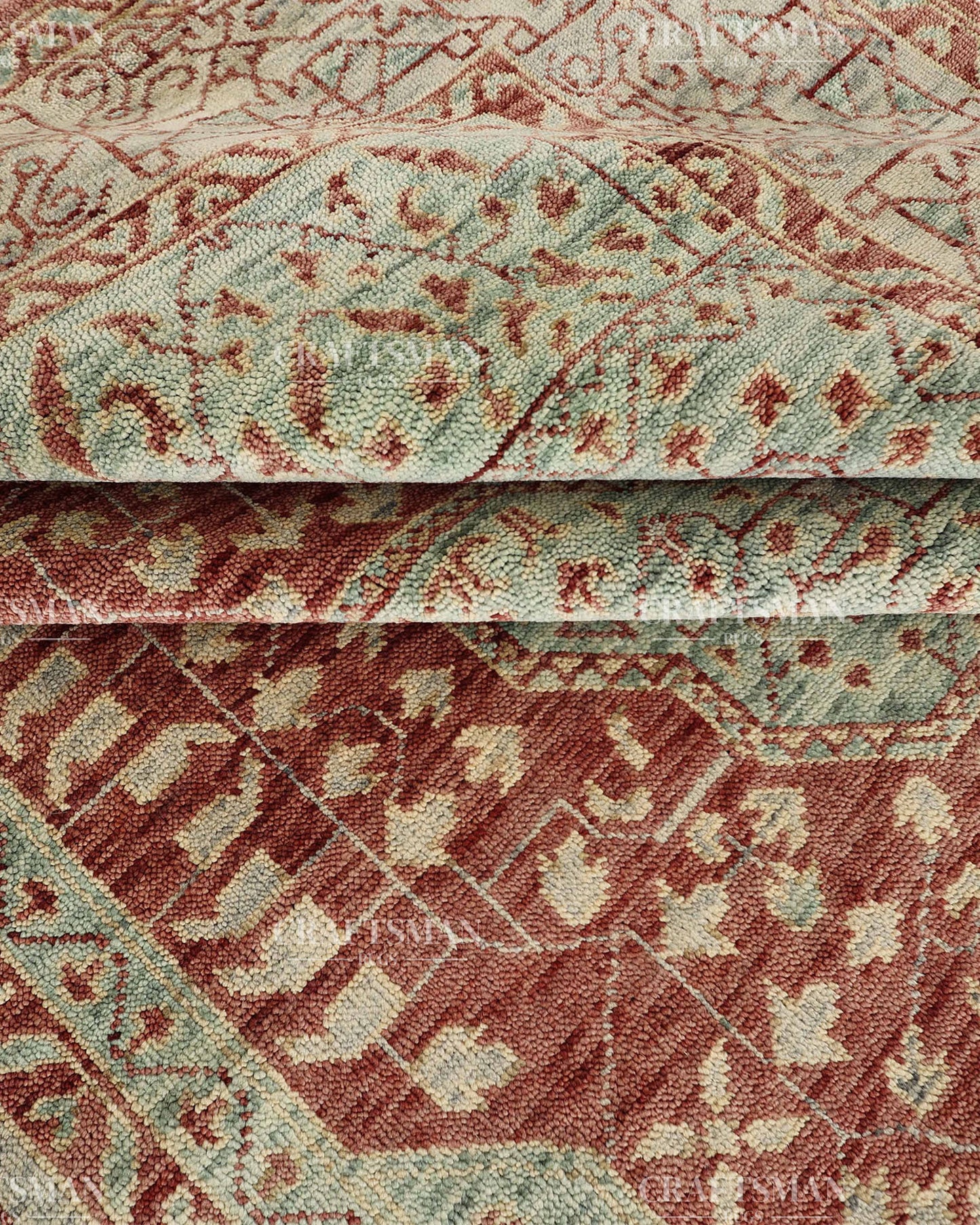 Hand Knotted Vintage Persian Style Rug – Rust Red Sage Green Medallion Wool Area Rug