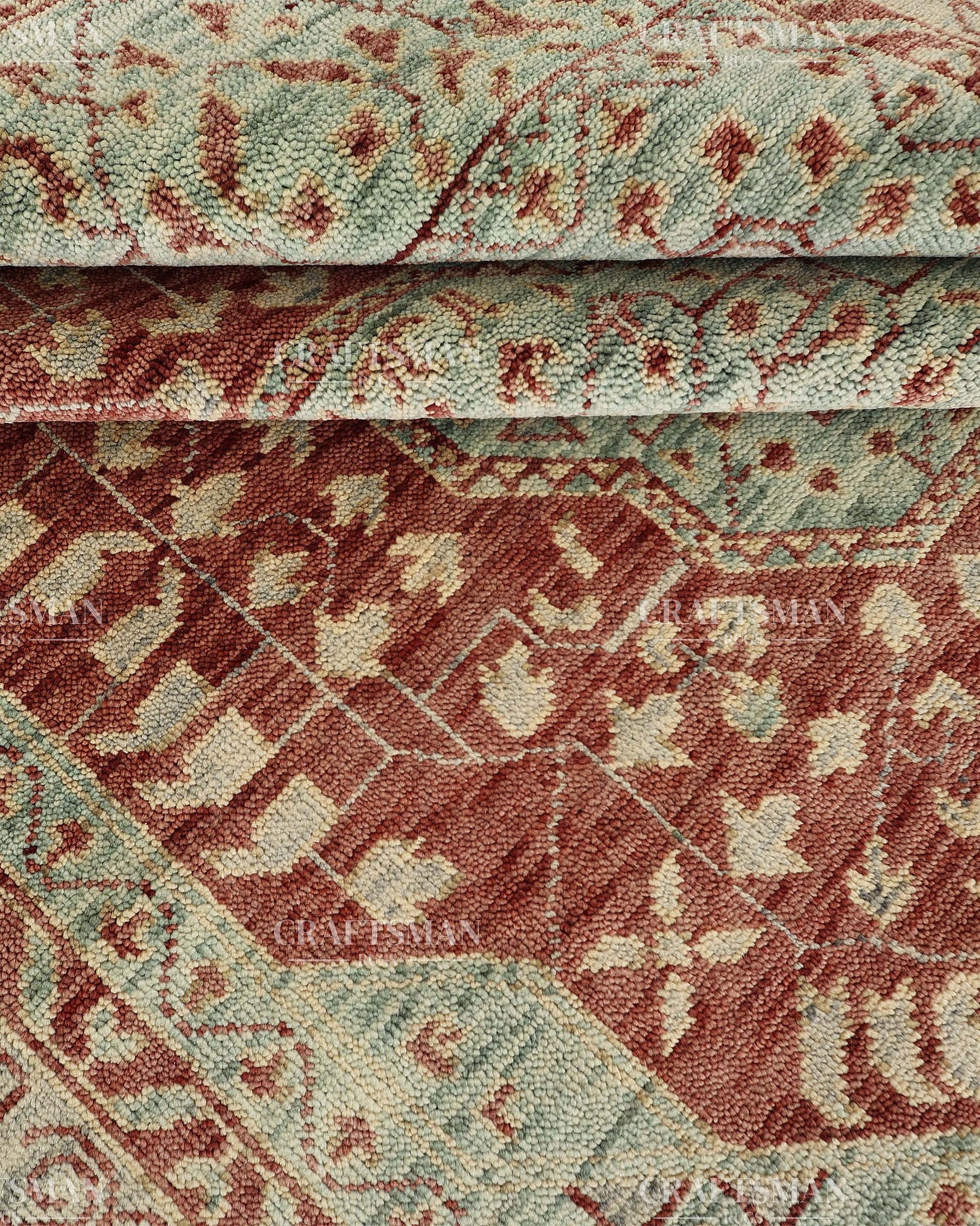Hand Knotted Vintage Persian Style Rug – Rust Red Sage Green Medallion Wool Area Rug