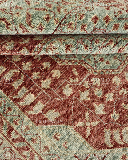 Hand Knotted Vintage Persian Style Rug – Rust Red Sage Green Medallion Wool Area Rug