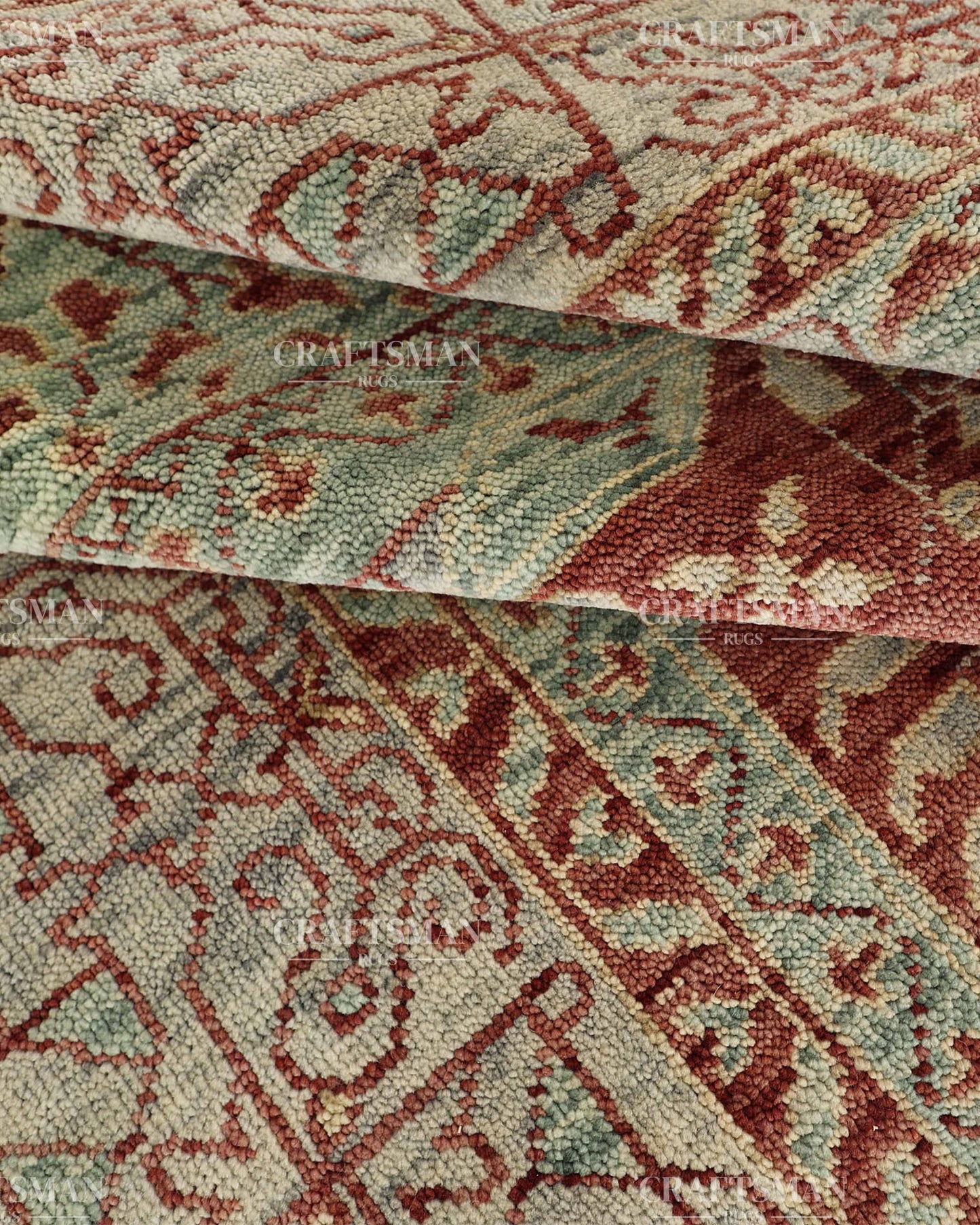 Hand Knotted Vintage Persian Style Rug – Rust Red Sage Green Medallion Wool Area Rug