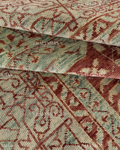 Hand Knotted Vintage Persian Style Rug – Rust Red Sage Green Medallion Wool Area Rug