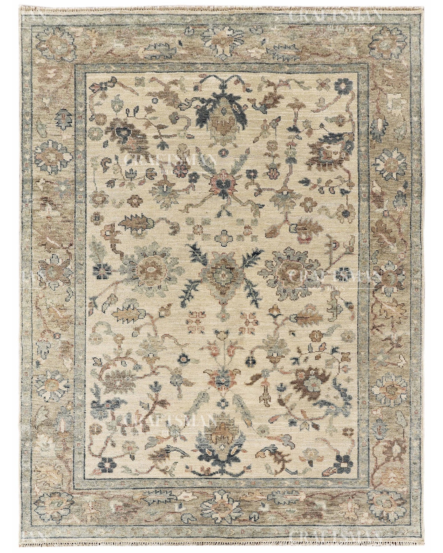 Hand Knotted Vintage Persian Oushak Style Rug – Gray Blue Beige Floral Area Rug