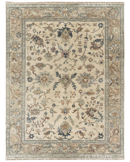 Hand Knotted Vintage Persian Oushak Style Rug – Gray Blue Beige Floral Area Rug