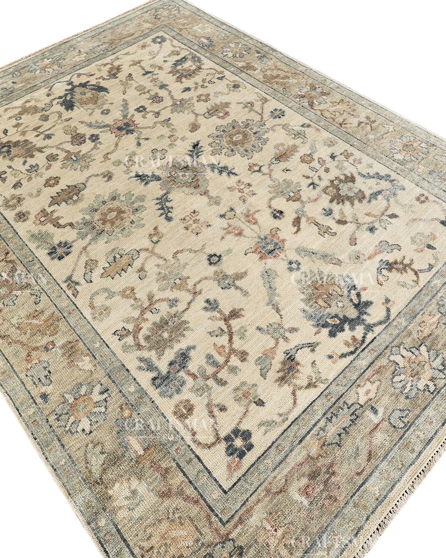 Hand Knotted Vintage Persian Oushak Style Rug – Gray Blue Beige Floral Area Rug