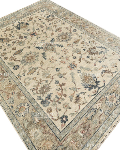 Hand Knotted Vintage Persian Oushak Style Rug – Gray Blue Beige Floral Area Rug