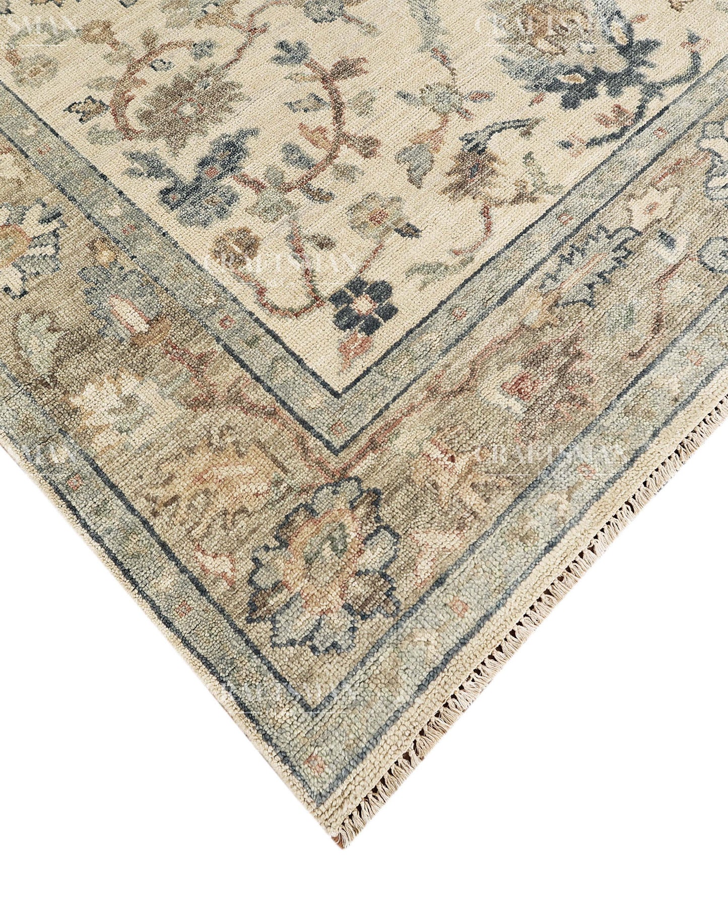 Hand Knotted Vintage Persian Oushak Style Rug – Gray Blue Beige Floral Area Rug