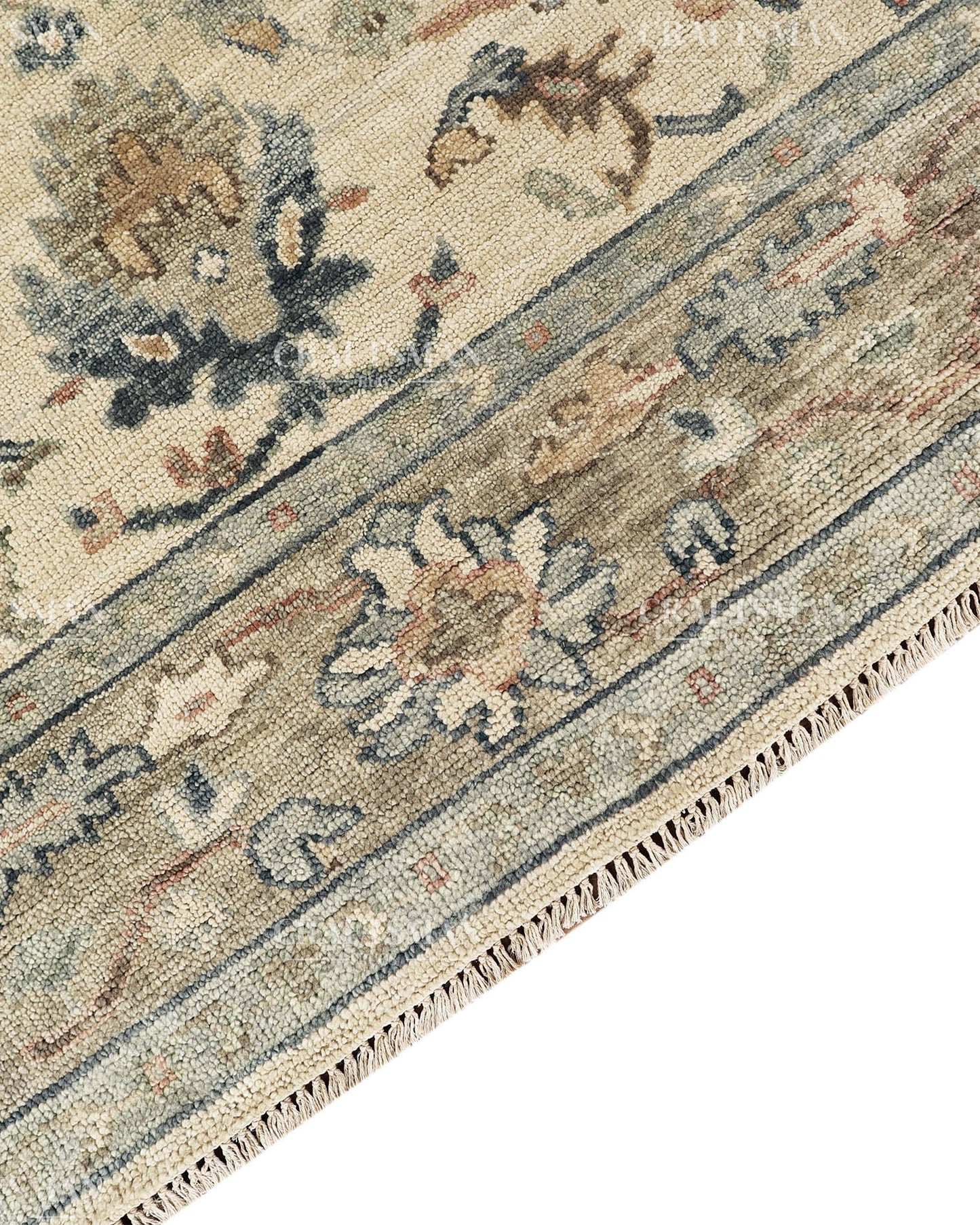 Hand Knotted Vintage Persian Oushak Style Rug – Gray Blue Beige Floral Area Rug
