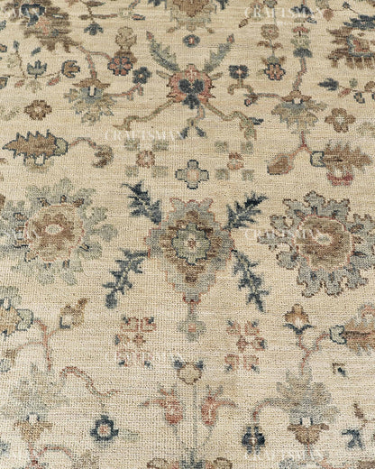 Hand Knotted Vintage Persian Oushak Style Rug – Gray Blue Beige Floral Area Rug