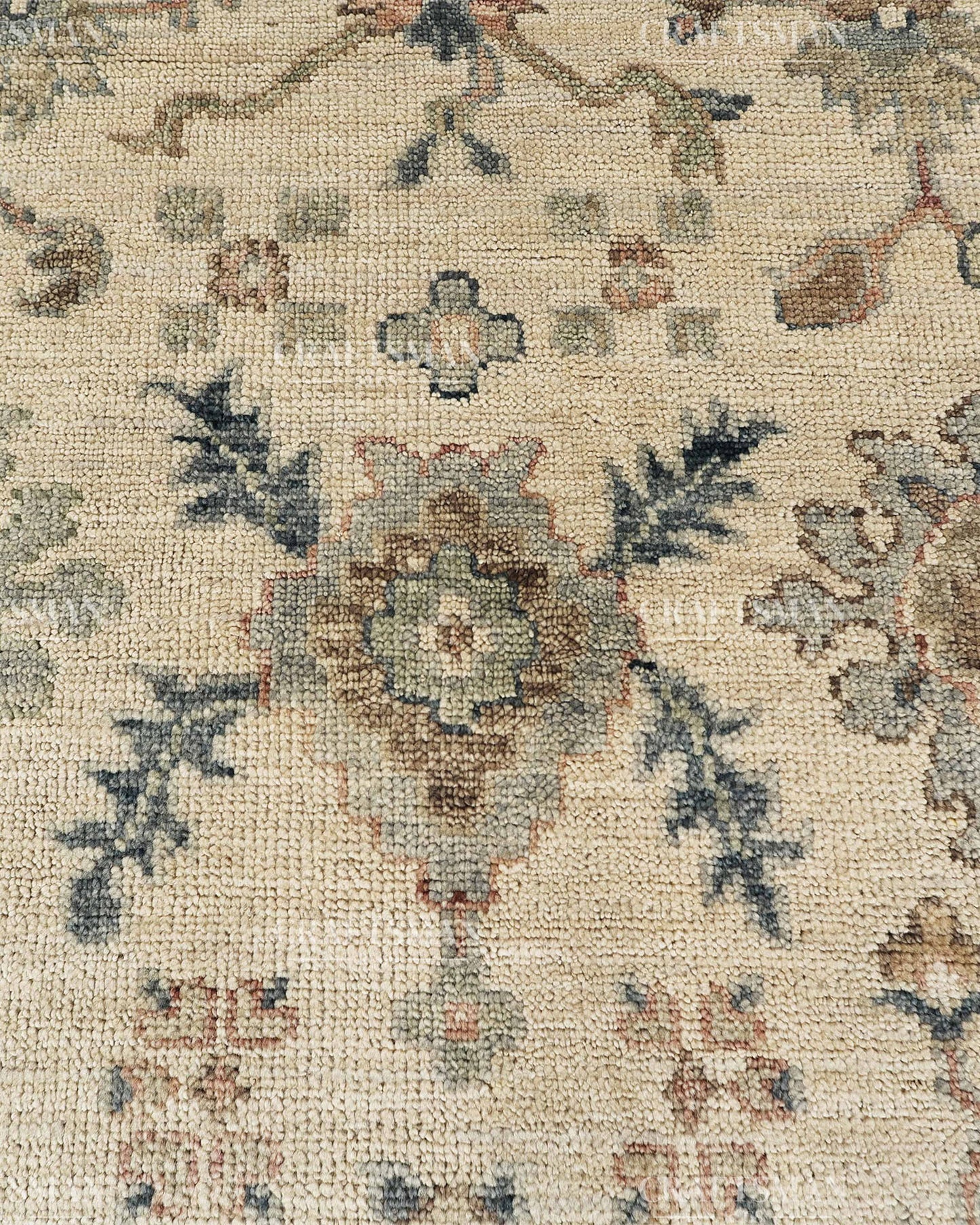 Hand Knotted Vintage Persian Oushak Style Rug – Gray Blue Beige Floral Area Rug