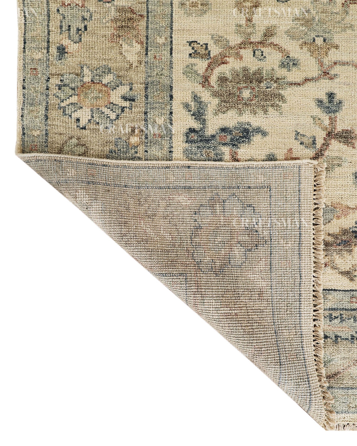 Hand Knotted Vintage Persian Oushak Style Rug – Gray Blue Beige Floral Area Rug