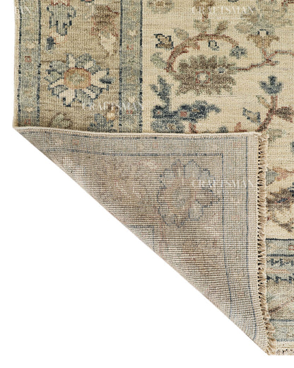 Hand Knotted Vintage Persian Oushak Style Rug – Gray Blue Beige Floral Area Rug