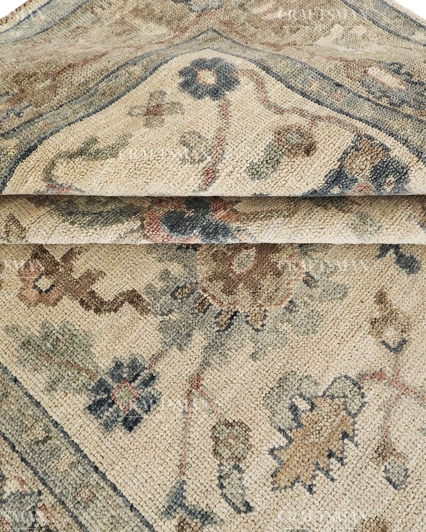 Hand Knotted Vintage Persian Oushak Style Rug – Gray Blue Beige Floral Area Rug