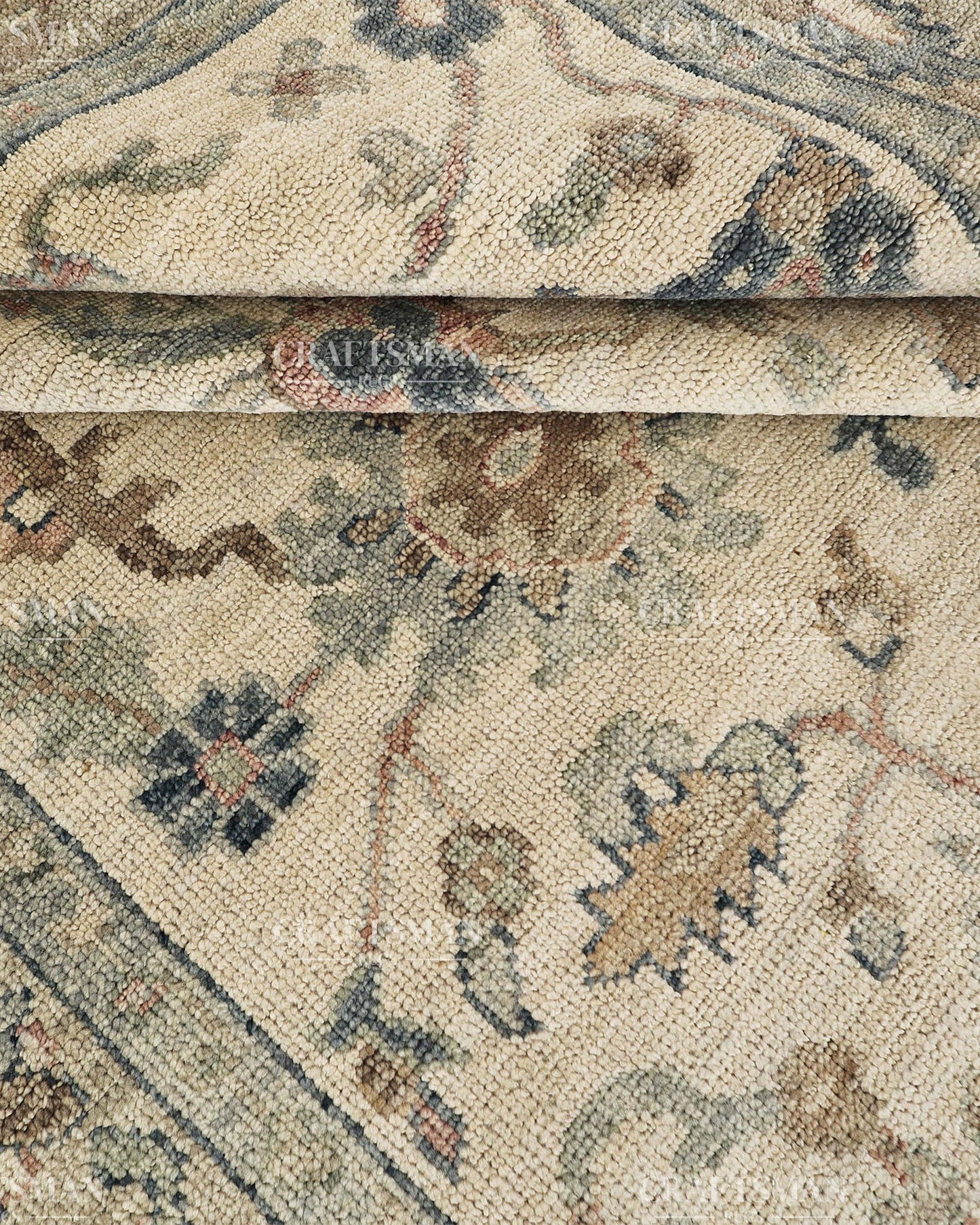 Hand Knotted Vintage Persian Oushak Style Rug – Gray Blue Beige Floral Area Rug