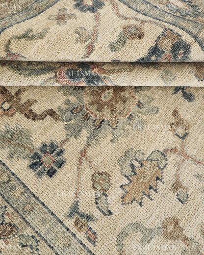 Hand Knotted Vintage Persian Oushak Style Rug – Gray Blue Beige Floral Area Rug