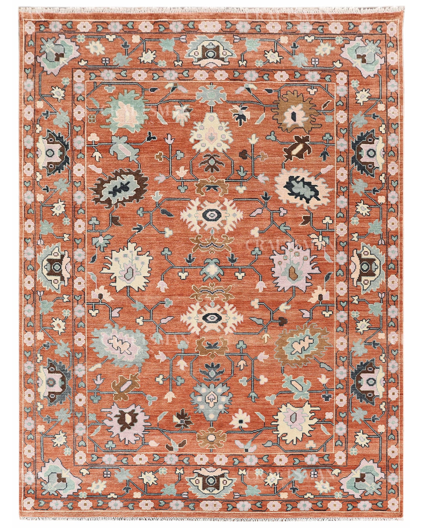 Hand Knotted Oushak Rug – Terracotta & Sage Green Vintage Wool Area Rug | Handmade Turkish Inspired Floral Carpet