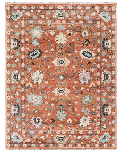 Hand Knotted Oushak Rug – Terracotta & Sage Green Vintage Wool Area Rug | Handmade Turkish Inspired Floral Carpet
