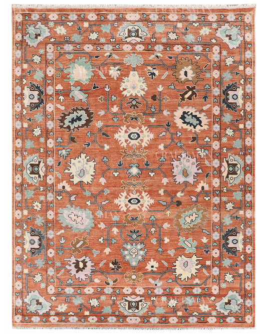 Hand Knotted Oushak Rug – Terracotta & Sage Green Vintage Wool Area Rug | Handmade Turkish Inspired Floral Carpet