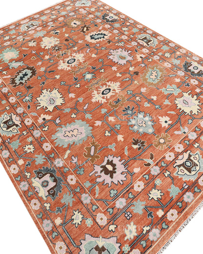 Hand Knotted Oushak Rug – Terracotta & Sage Green Vintage Wool Area Rug | Handmade Turkish Inspired Floral Carpet