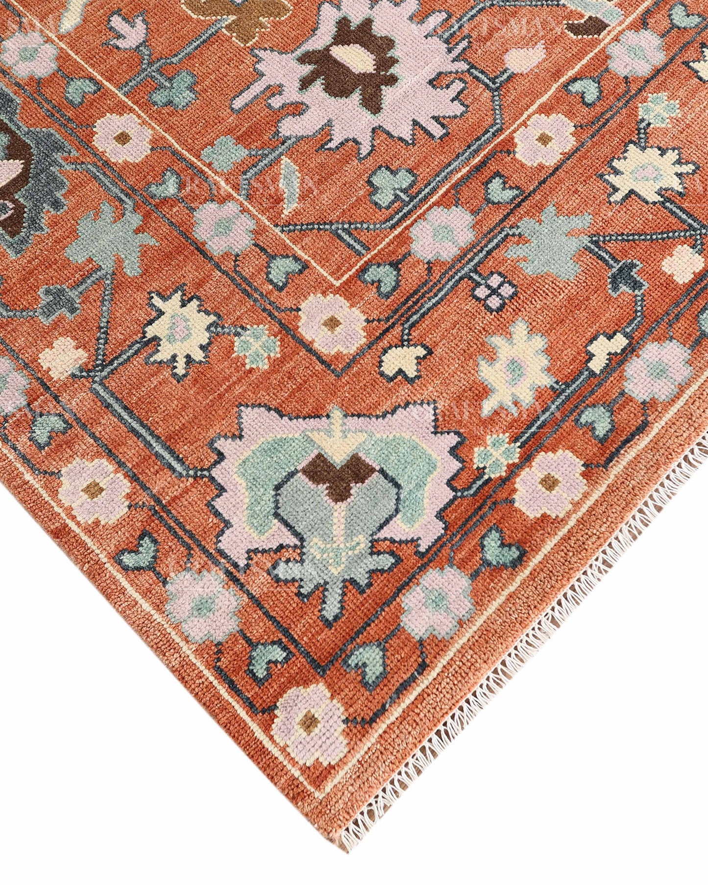 Hand Knotted Oushak Rug – Terracotta & Sage Green Vintage Wool Area Rug | Handmade Turkish Inspired Floral Carpet
