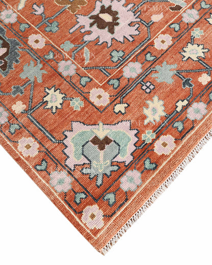 Hand Knotted Oushak Rug – Terracotta & Sage Green Vintage Wool Area Rug | Handmade Turkish Inspired Floral Carpet