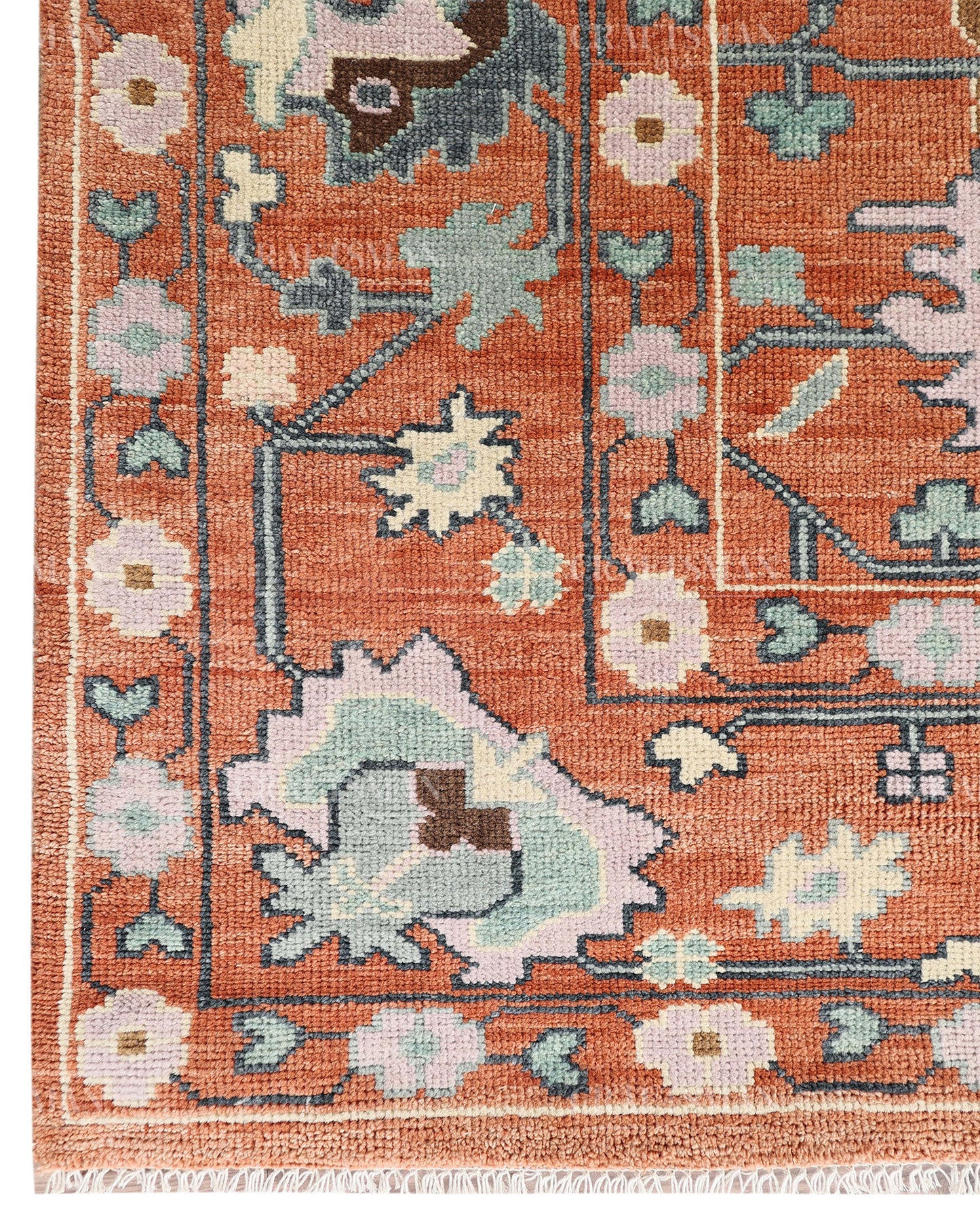 Hand Knotted Oushak Rug – Terracotta & Sage Green Vintage Wool Area Rug | Handmade Turkish Inspired Floral Carpet