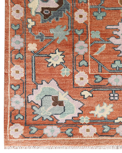 Hand Knotted Oushak Rug – Terracotta & Sage Green Vintage Wool Area Rug | Handmade Turkish Inspired Floral Carpet