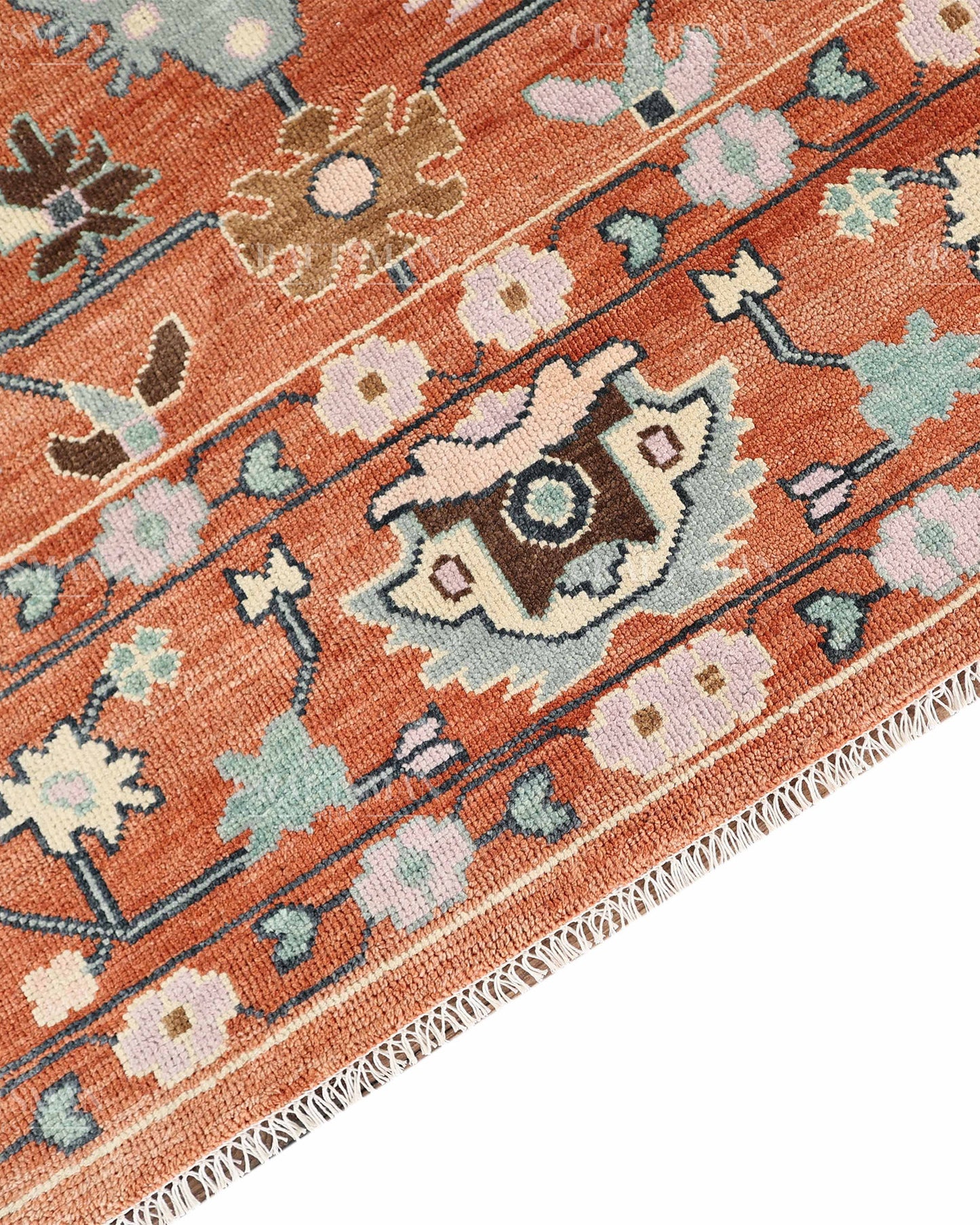 Hand Knotted Oushak Rug – Terracotta & Sage Green Vintage Wool Area Rug | Handmade Turkish Inspired Floral Carpet