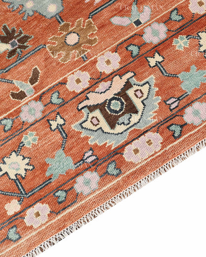 Hand Knotted Oushak Rug – Terracotta & Sage Green Vintage Wool Area Rug | Handmade Turkish Inspired Floral Carpet