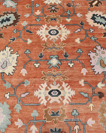 Hand Knotted Oushak Rug – Terracotta & Sage Green Vintage Wool Area Rug | Handmade Turkish Inspired Floral Carpet