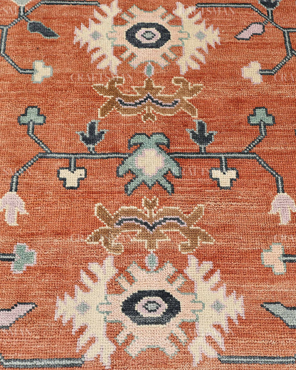 Hand Knotted Oushak Rug – Terracotta & Sage Green Vintage Wool Area Rug | Handmade Turkish Inspired Floral Carpet