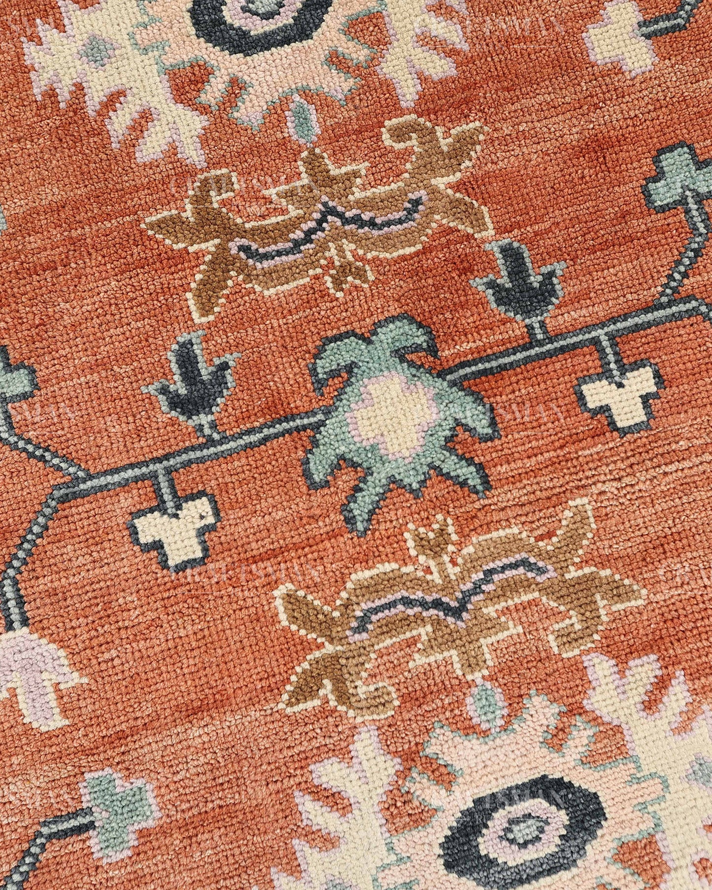 Hand Knotted Oushak Rug – Terracotta & Sage Green Vintage Wool Area Rug | Handmade Turkish Inspired Floral Carpet