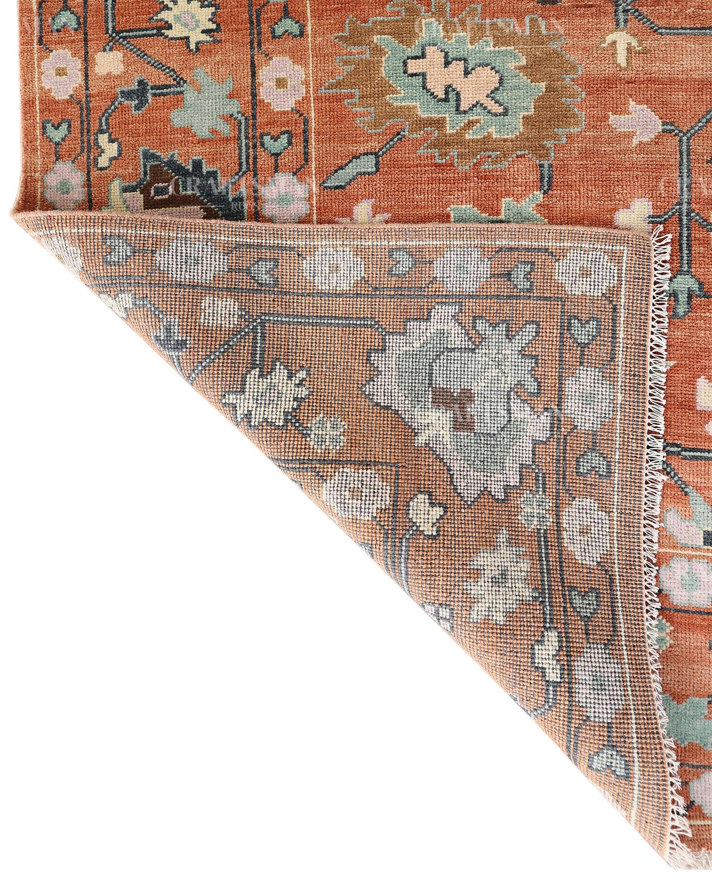 Hand Knotted Oushak Rug – Terracotta & Sage Green Vintage Wool Area Rug | Handmade Turkish Inspired Floral Carpet