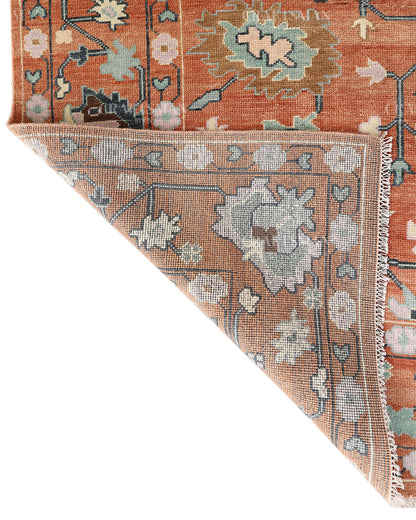 Hand Knotted Oushak Rug – Terracotta & Sage Green Vintage Wool Area Rug | Handmade Turkish Inspired Floral Carpet