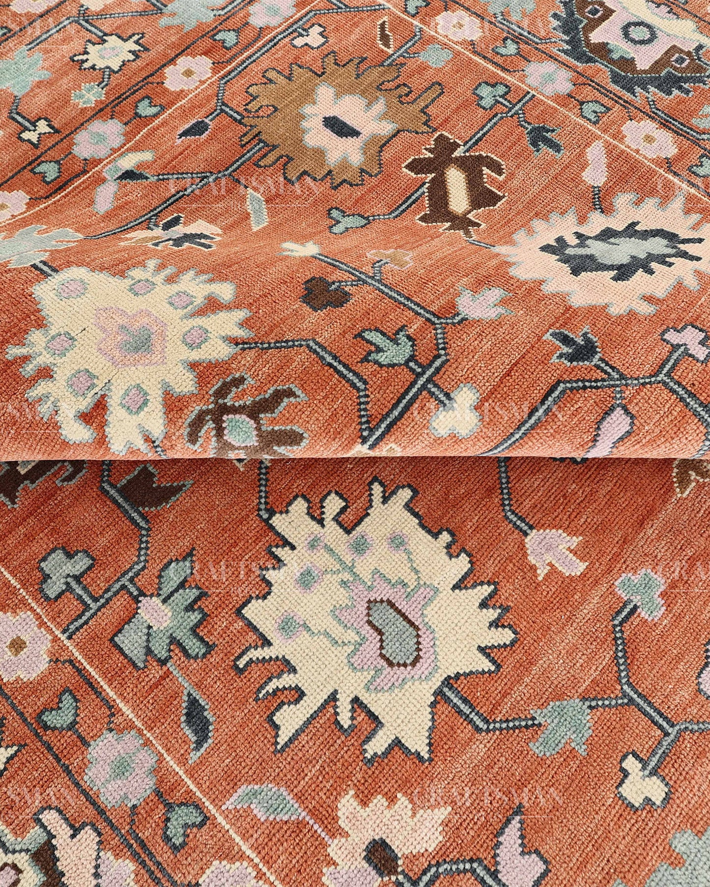 Hand Knotted Oushak Rug – Terracotta & Sage Green Vintage Wool Area Rug | Handmade Turkish Inspired Floral Carpet
