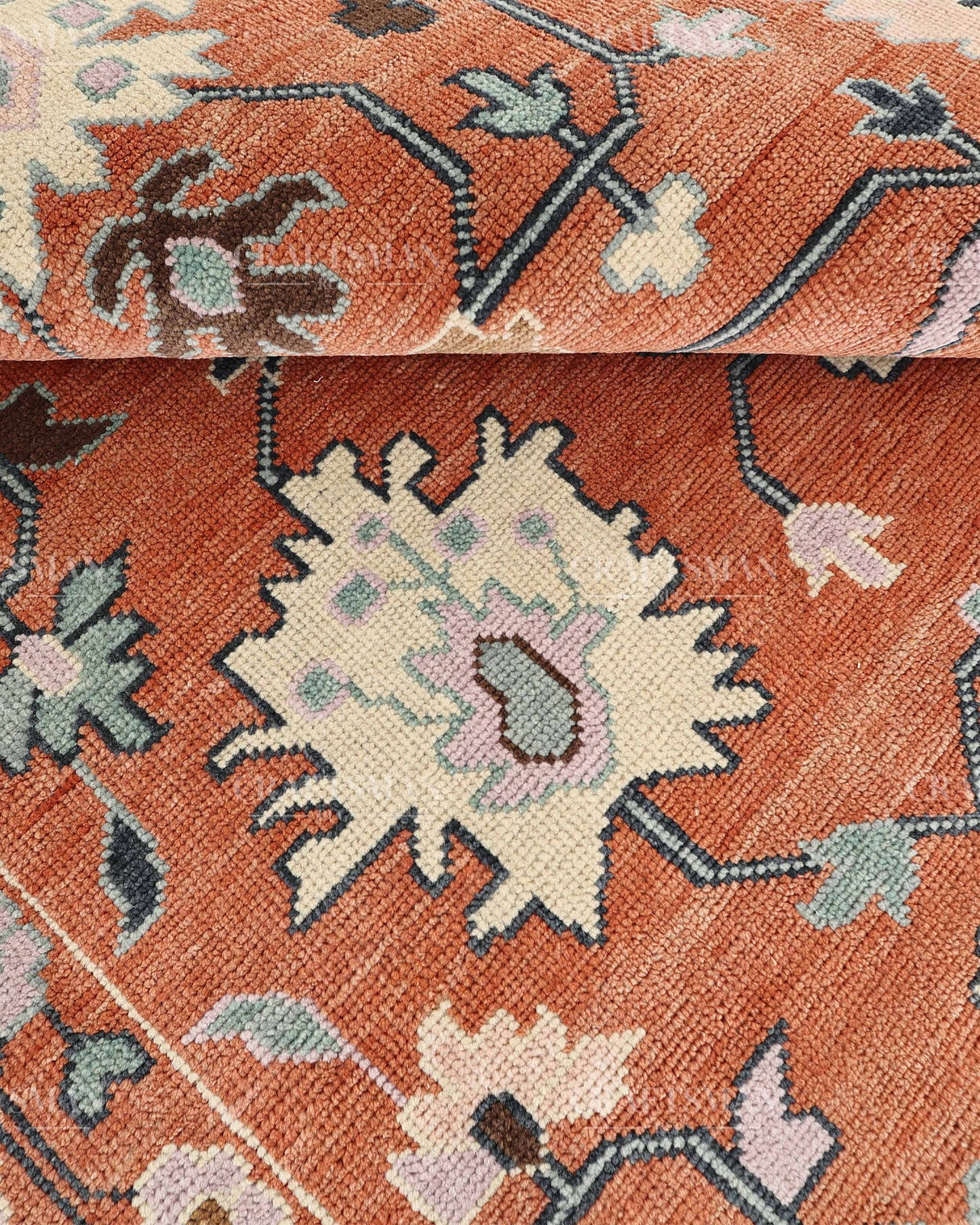 Hand Knotted Oushak Rug – Terracotta & Sage Green Vintage Wool Area Rug | Handmade Turkish Inspired Floral Carpet