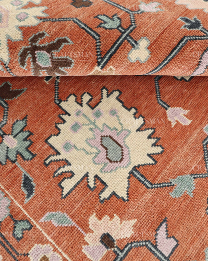 Hand Knotted Oushak Rug – Terracotta & Sage Green Vintage Wool Area Rug | Handmade Turkish Inspired Floral Carpet