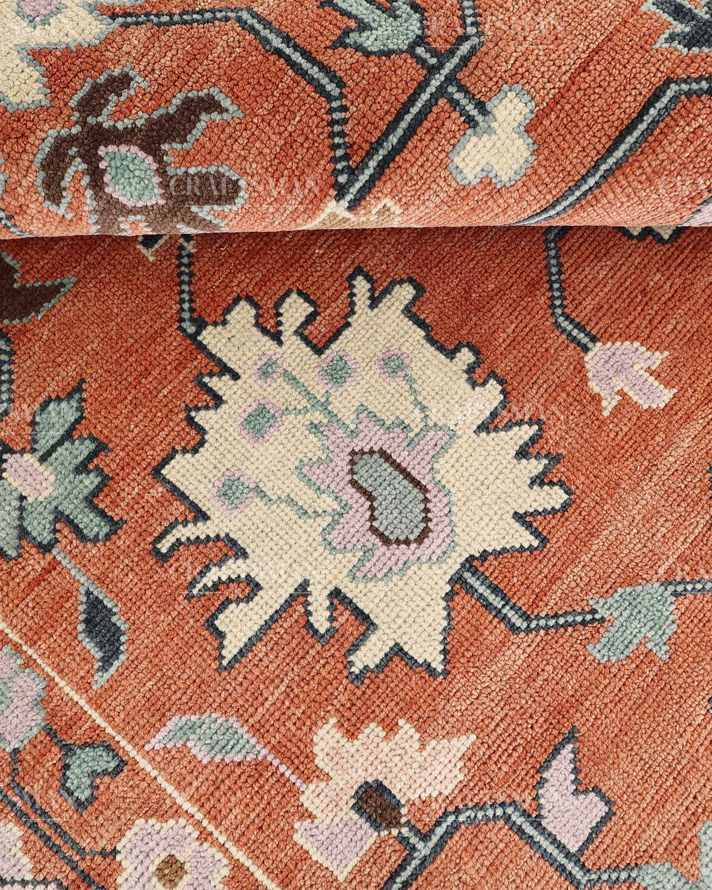 Hand Knotted Oushak Rug – Terracotta & Sage Green Vintage Wool Area Rug | Handmade Turkish Inspired Floral Carpet