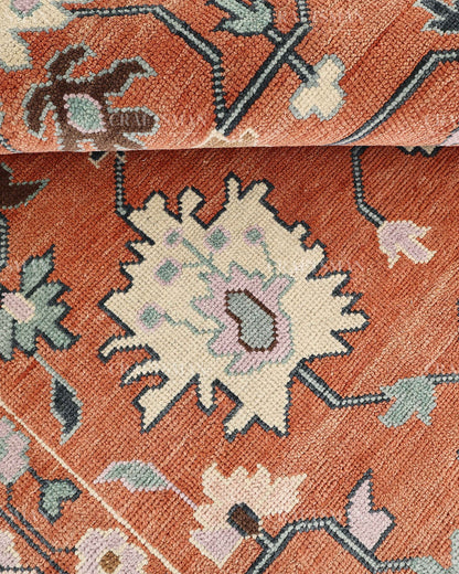 Hand Knotted Oushak Rug – Terracotta & Sage Green Vintage Wool Area Rug | Handmade Turkish Inspired Floral Carpet